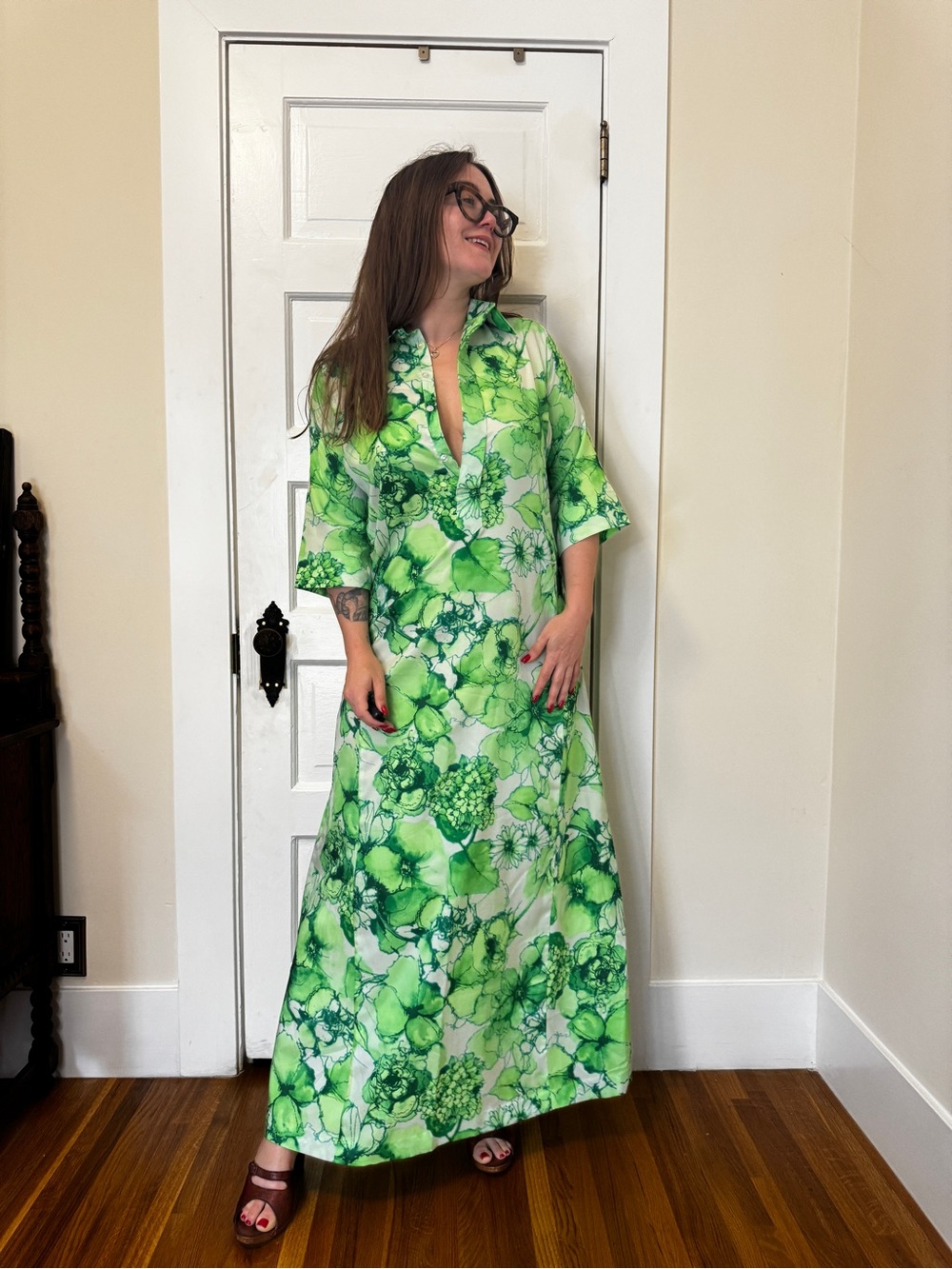 70s Vintage Handmade Bright Green Floral Maxi Shirt Dress Sz M - Picture 2 of 10
